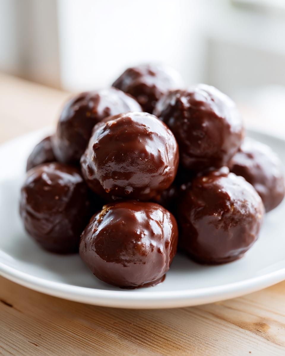 A close-up of several rich, chocolate-covered pecan pie balls piled on a white plate.