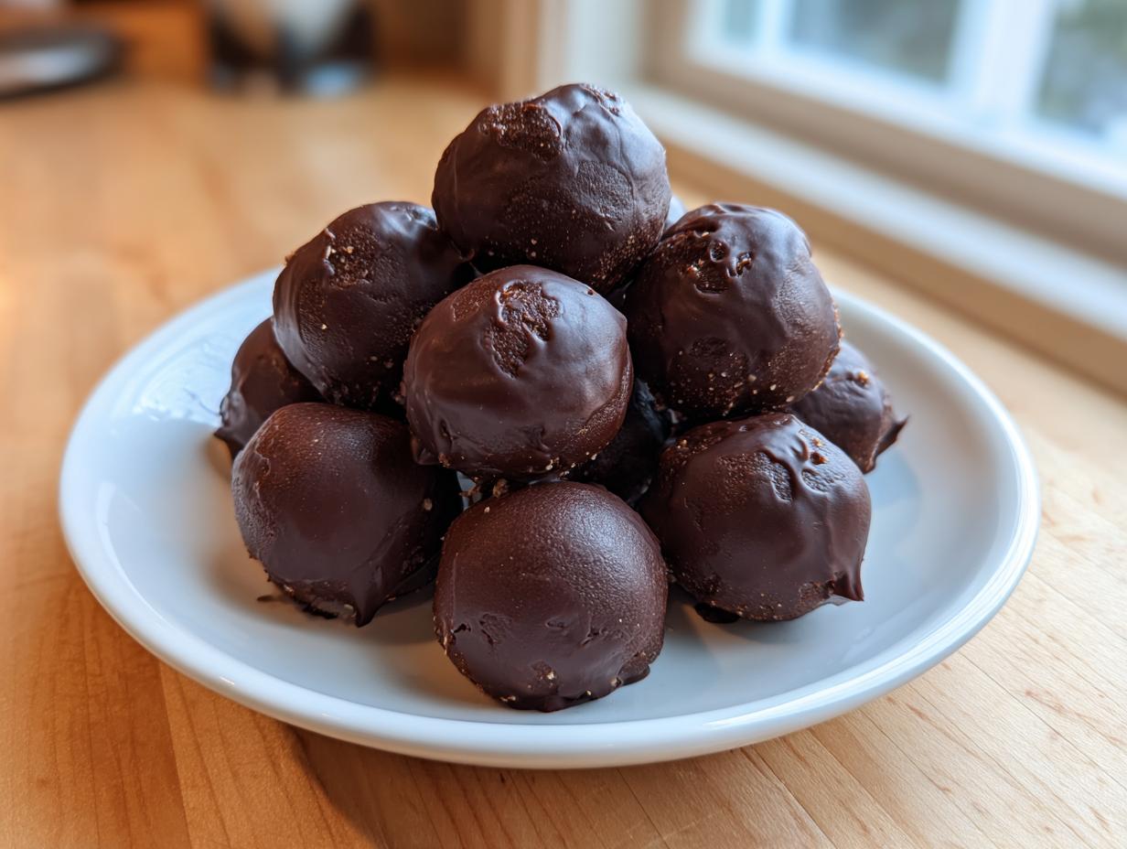 A stack of rich, chocolate-covered no-bake pecan pie balls served on a small white plate.