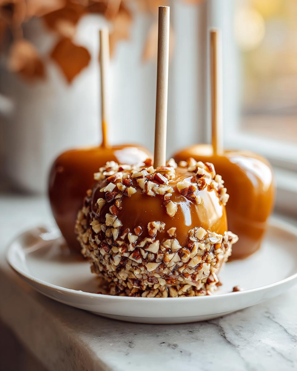 Close-up of a glossy caramel apple coated in chopped nuts, resting on a white plate next to two plain caramel apples.