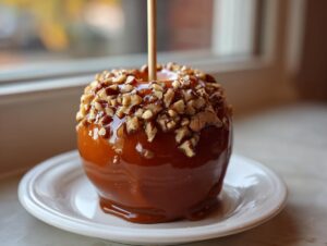 A glossy, rich brown caramel apple covered in chopped nuts, resting on a small white plate.