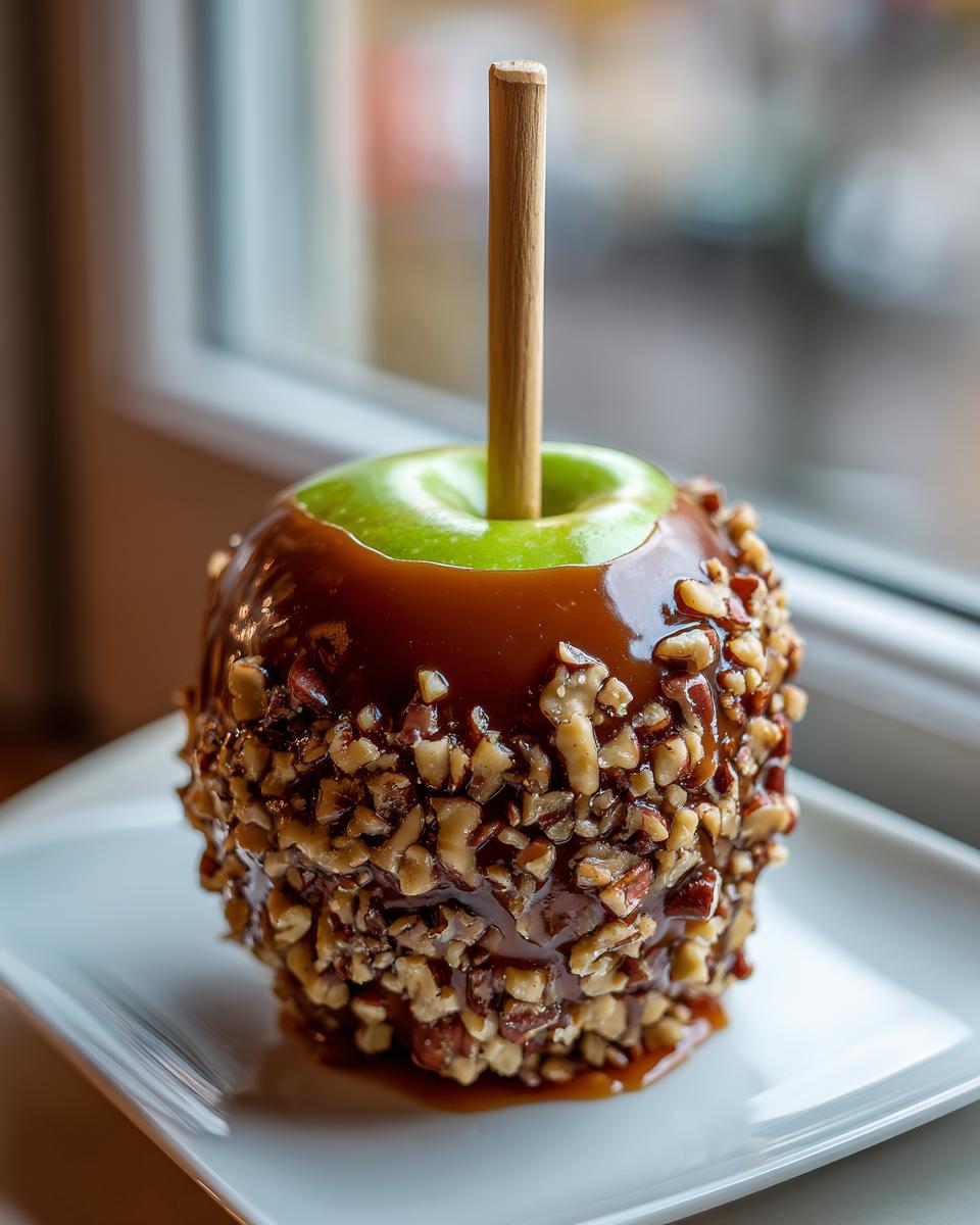 A glossy, homemade caramel apple covered in chopped nuts, resting on a white plate near a window.