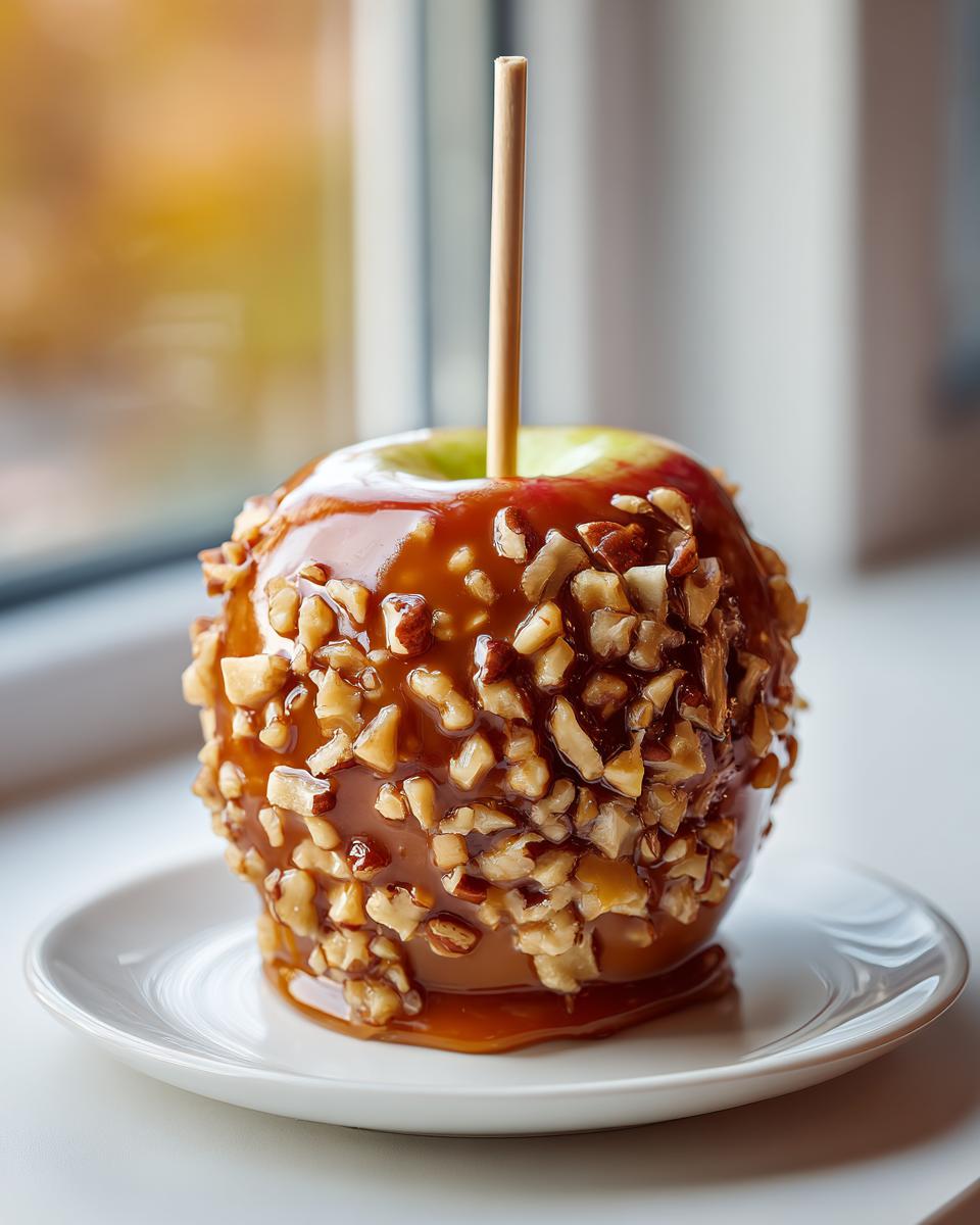 A single, glossy caramel apple coated in chopped nuts, resting on a small white plate.