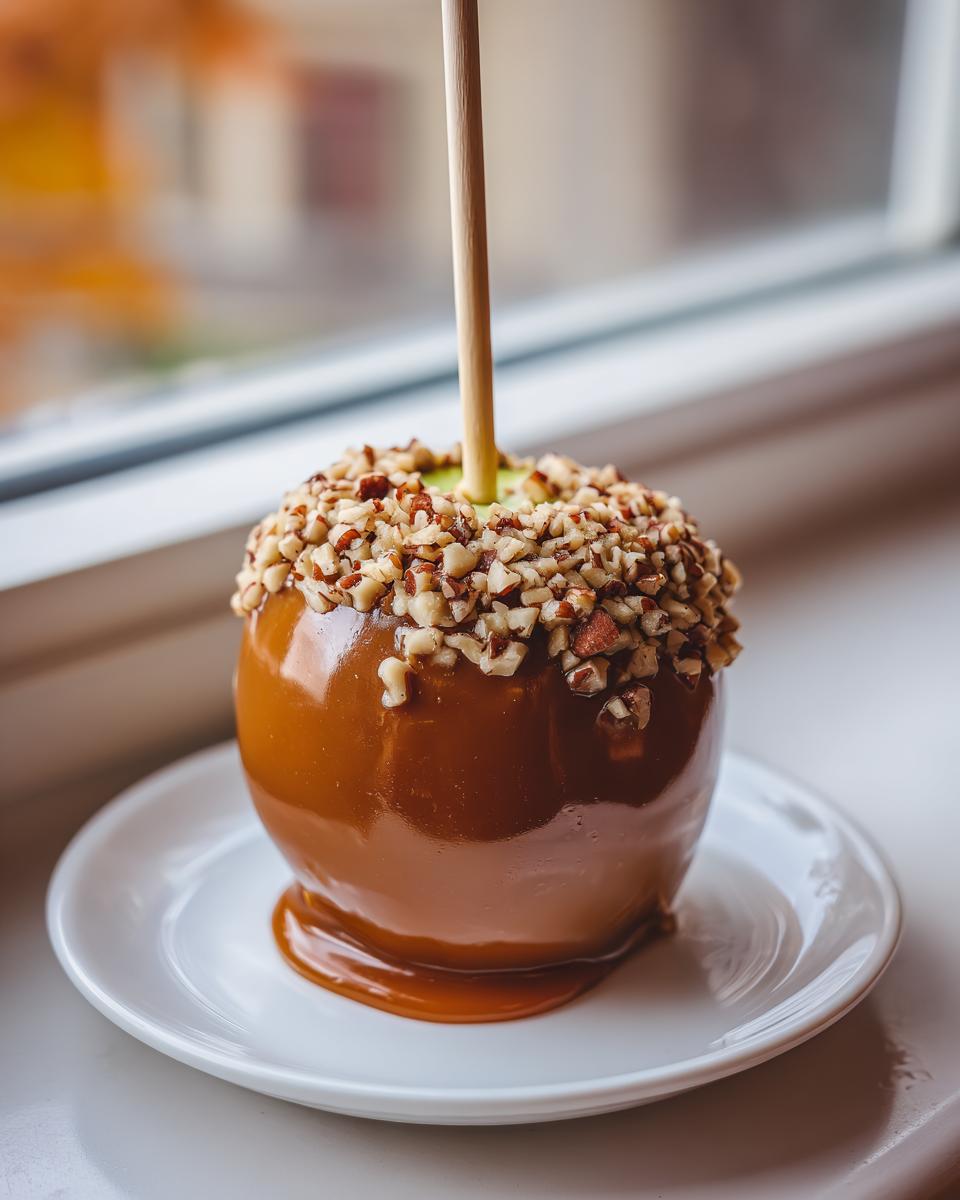 A glossy, homemade caramel apple dipped in chopped nuts, resting on a small white plate.