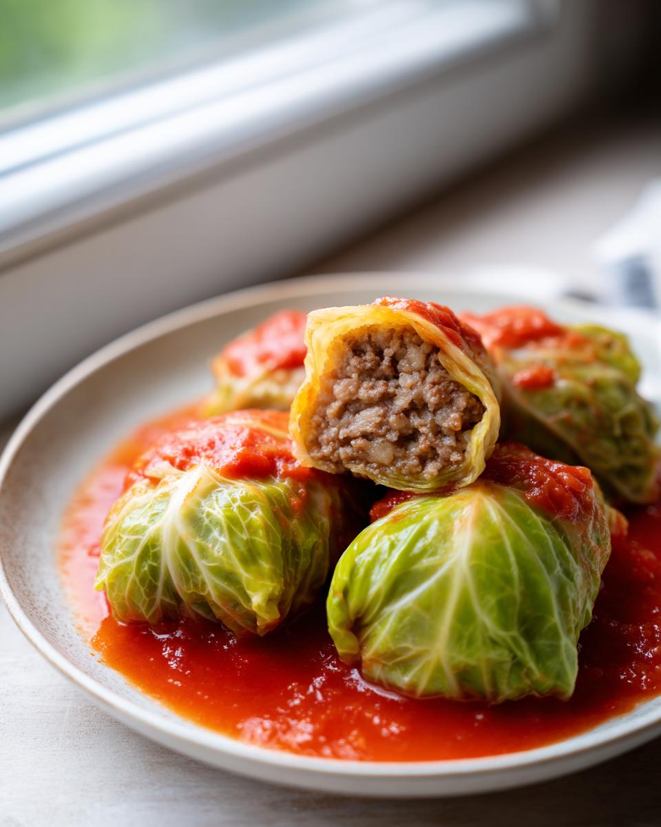 Four tender cabbage rolls served in a bright red tomato sauce, one cut open showing the savory meat filling.