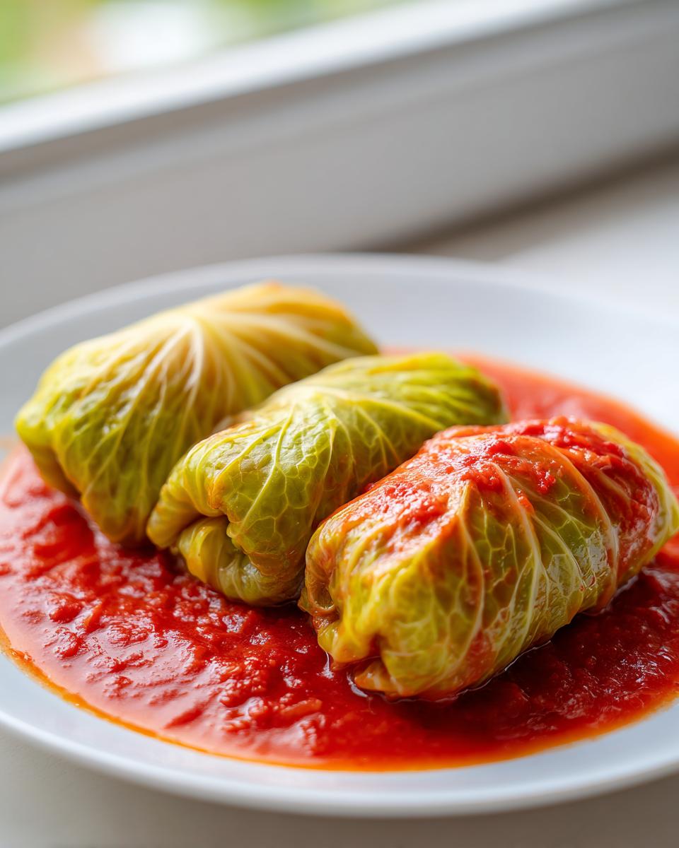 Three perfectly rolled cabbage rolls served in a rich, vibrant tomato sauce on a white plate.