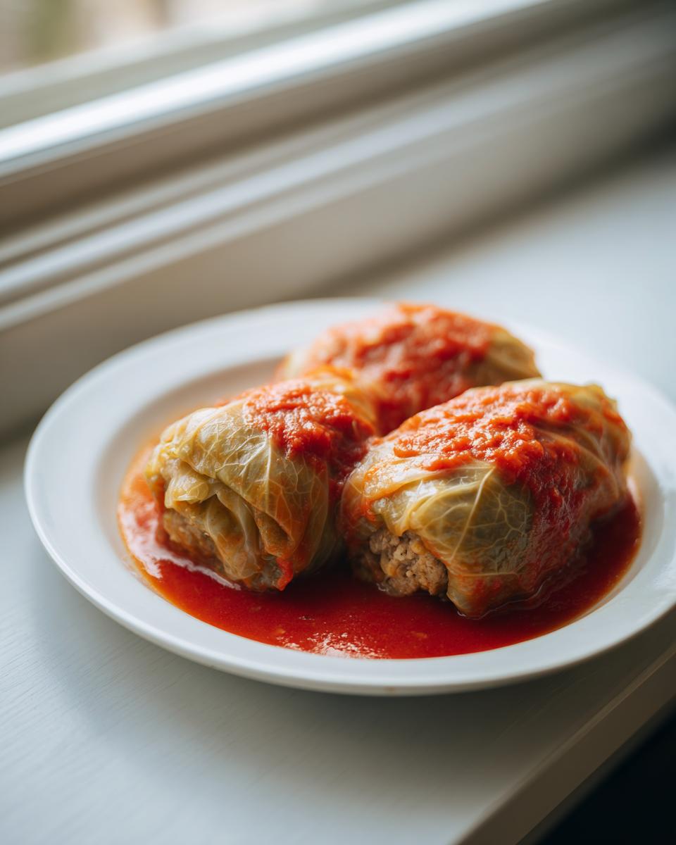 A white plate holding three savory cabbage rolls smothered in bright red tomato sauce.