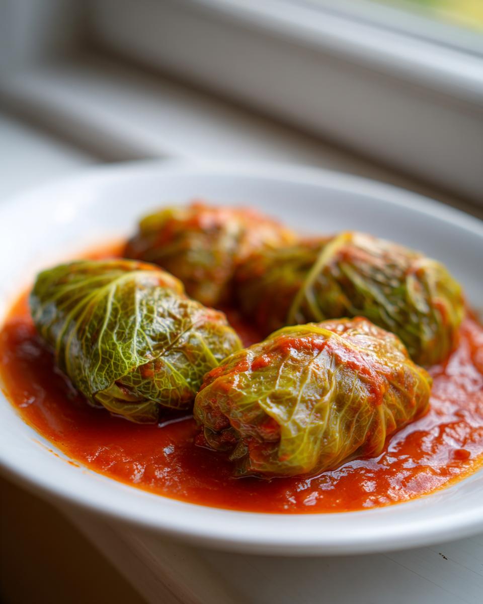 Four savory cabbage rolls simmered in a bright red tomato sauce, served on a white plate.