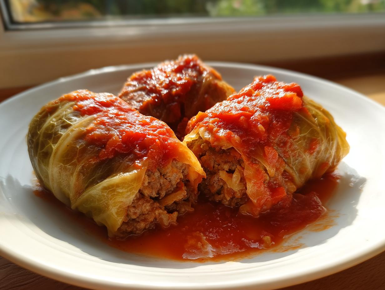 Three hearty cabbage rolls stuffed with meat filling, covered in rich tomato sauce, served on a white plate.