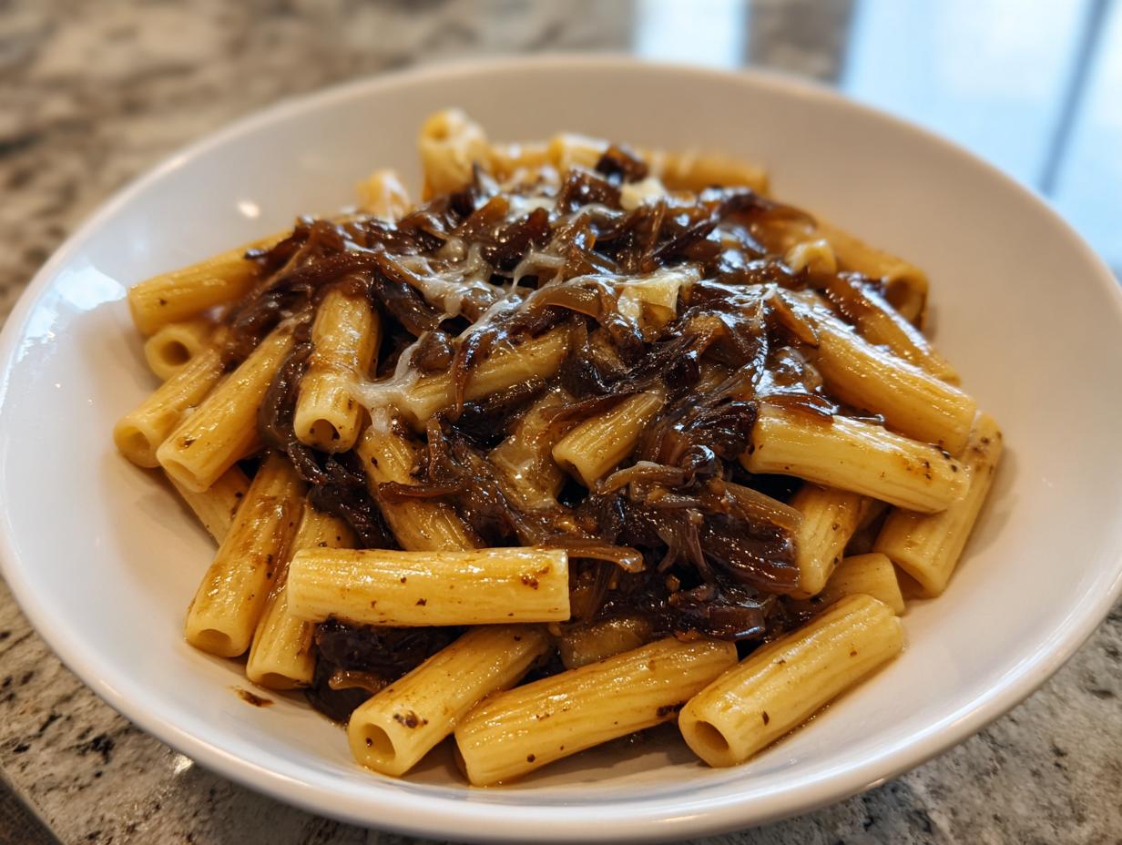 A close-up of a white bowl filled with rigatoni pasta topped generously with caramelized onions and melted cheese, representing french onion pasta.