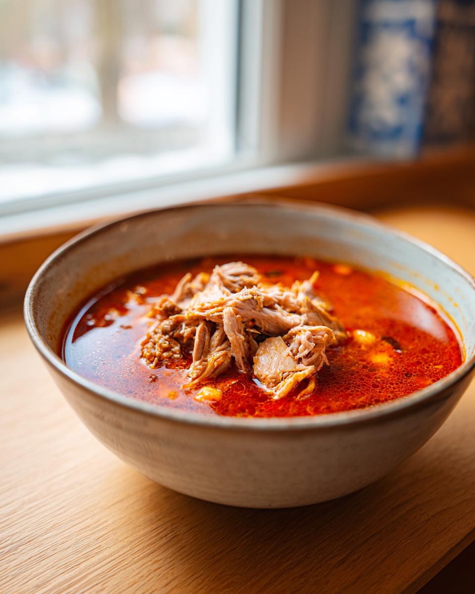 A close-up of a rustic bowl filled with vibrant red Pozole rojo broth topped generously with shredded pork.
