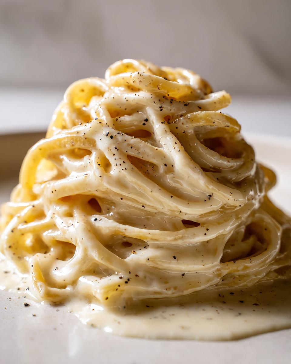 Close-up of fettuccine pasta generously coated in creamy homemade alfredo sauce and sprinkled with black pepper.