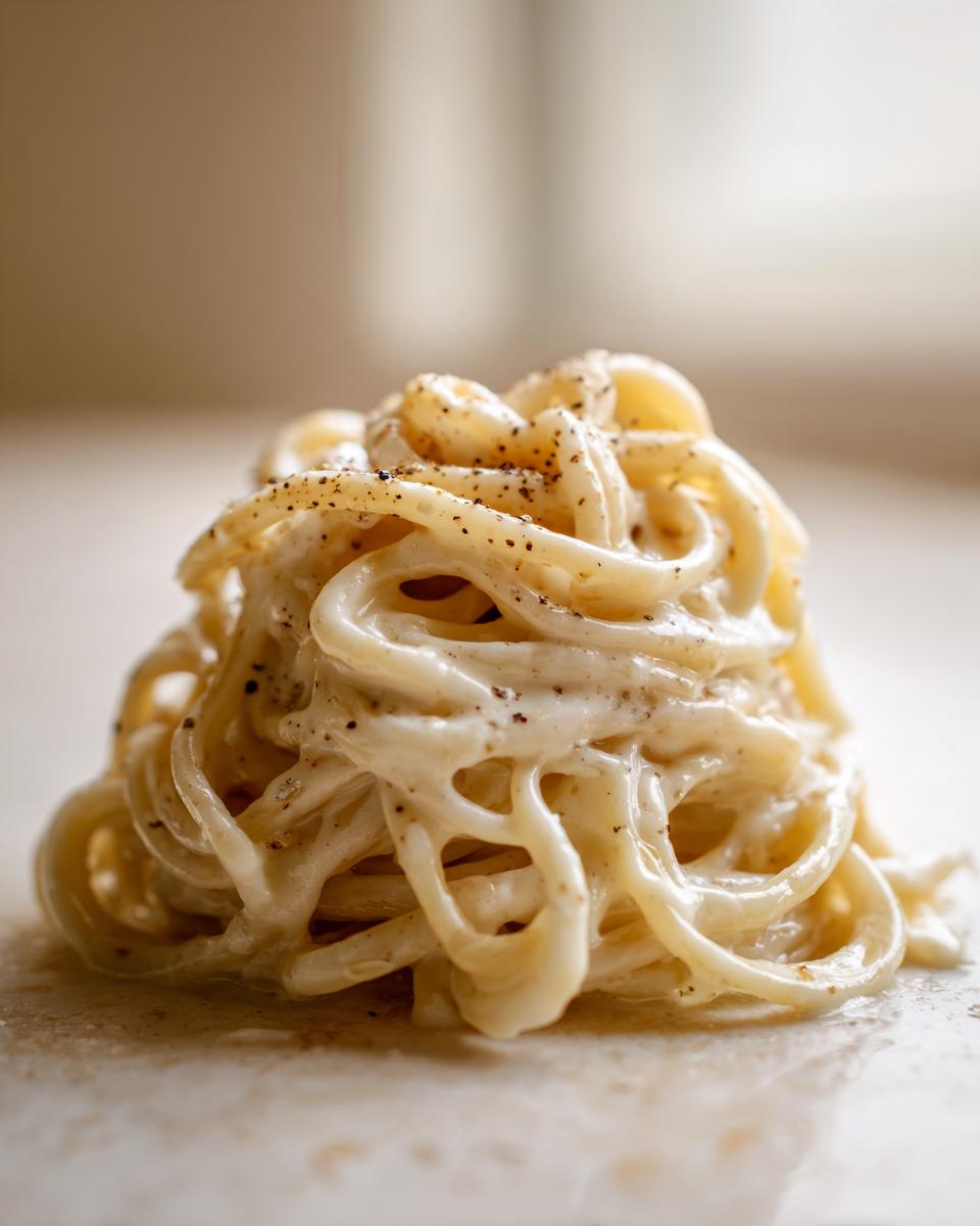 Close-up of perfectly twirled pasta coated in rich homemade alfredo sauce and black pepper.