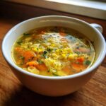 Close-up of a steaming bowl of penicillin soup featuring broth, carrots, noodles, and lemon zest garnish.