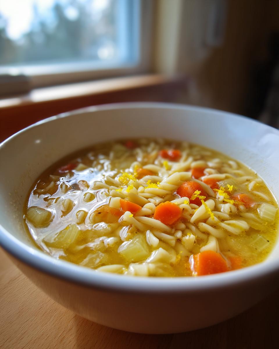Close-up of a steaming bowl of penicillin soup featuring spiral pasta, diced carrots, celery, and lemon zest.