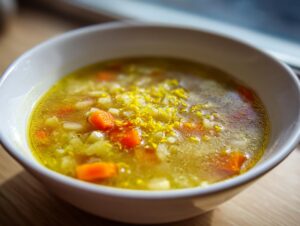 Close-up of a warm bowl of penicillin soup featuring broth, diced carrots, and bright yellow lemon zest topping.