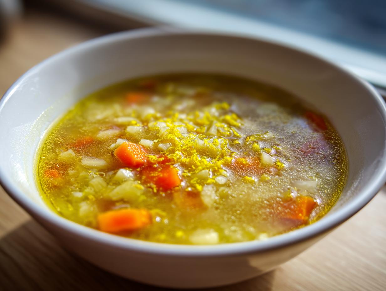 Close-up of a warm bowl of penicillin soup featuring broth, diced carrots, and bright yellow lemon zest topping.