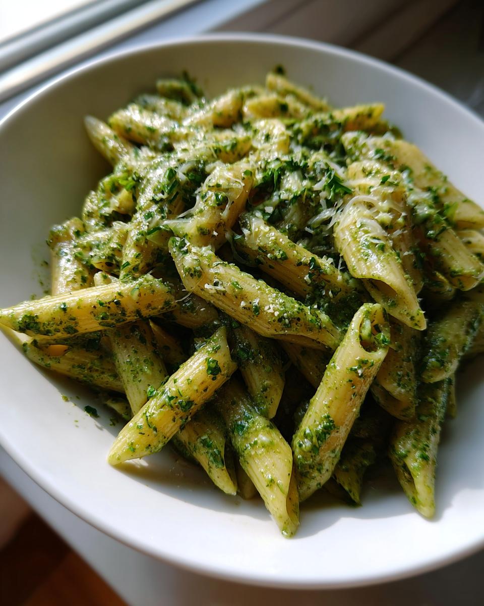 A white bowl filled with penne pasta coated in vibrant green creamy pesto pasta, topped with grated cheese.