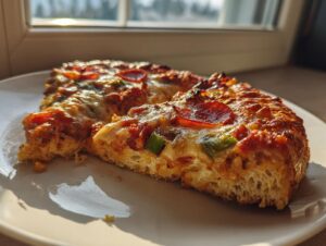 Two slices of pepperoni and vegetable chicken crust pizza resting on a white plate, catching sunlight.