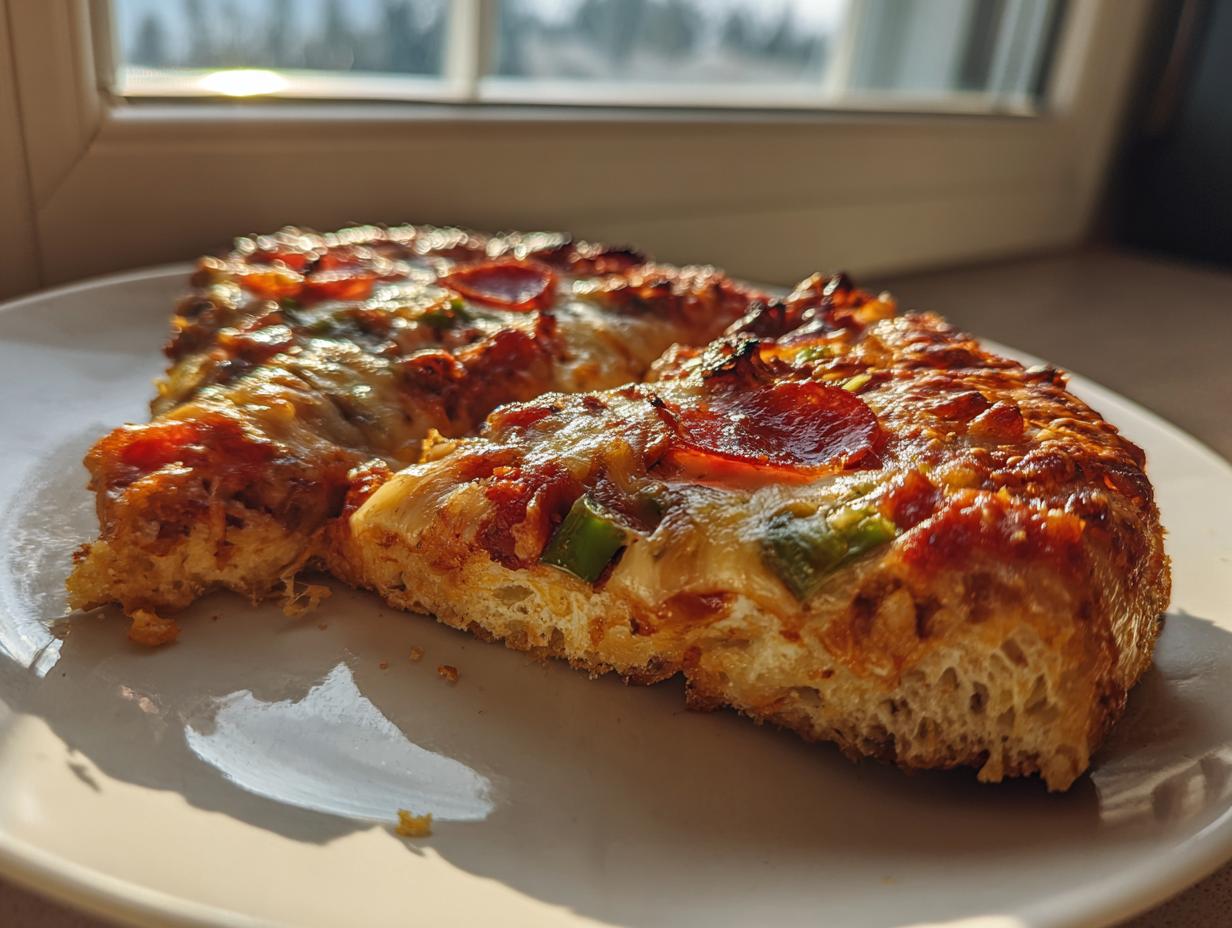 Two slices of pepperoni and vegetable chicken crust pizza resting on a white plate, catching sunlight.