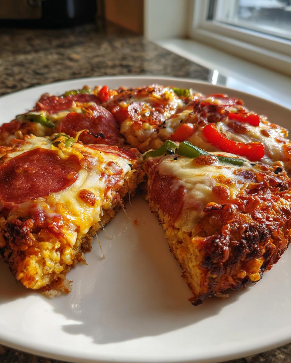 Two slices of hot chicken crust pizza topped with melted cheese, pepperoni, and peppers on a white plate.