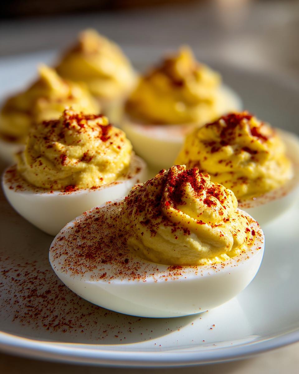 Close-up of creamy, piped deviled eggs dusted generously with bright red paprika.