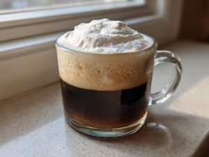 A glass mug filled with dark coffee and a thick layer of foamed cream, showcasing a perfect Irish Coffee.