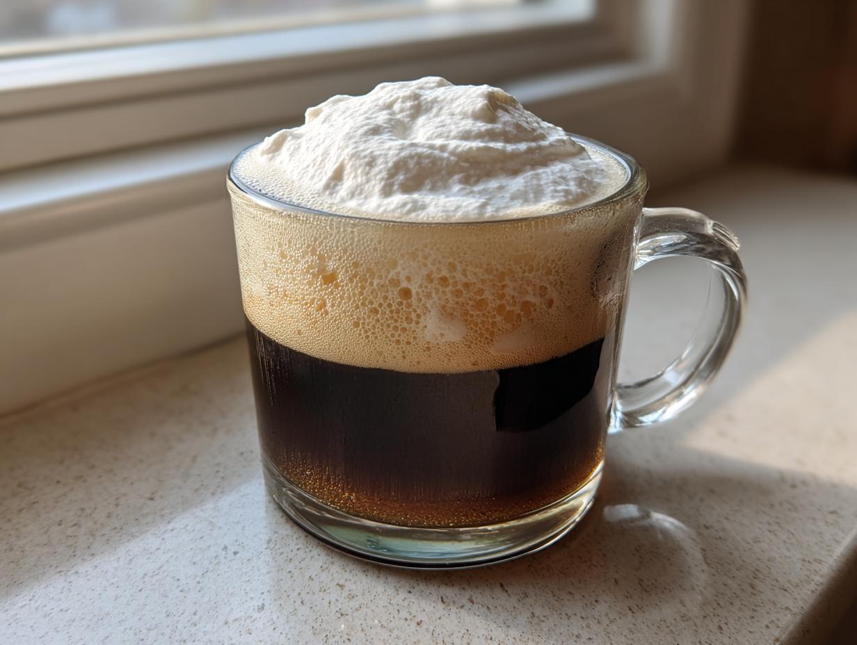 A glass mug filled with dark coffee and a thick layer of foamed cream, showcasing a perfect Irish Coffee.