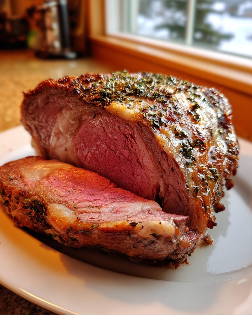 A thick slice of medium-rare prime rib recipe roast showing a beautiful pink interior and herb crust.