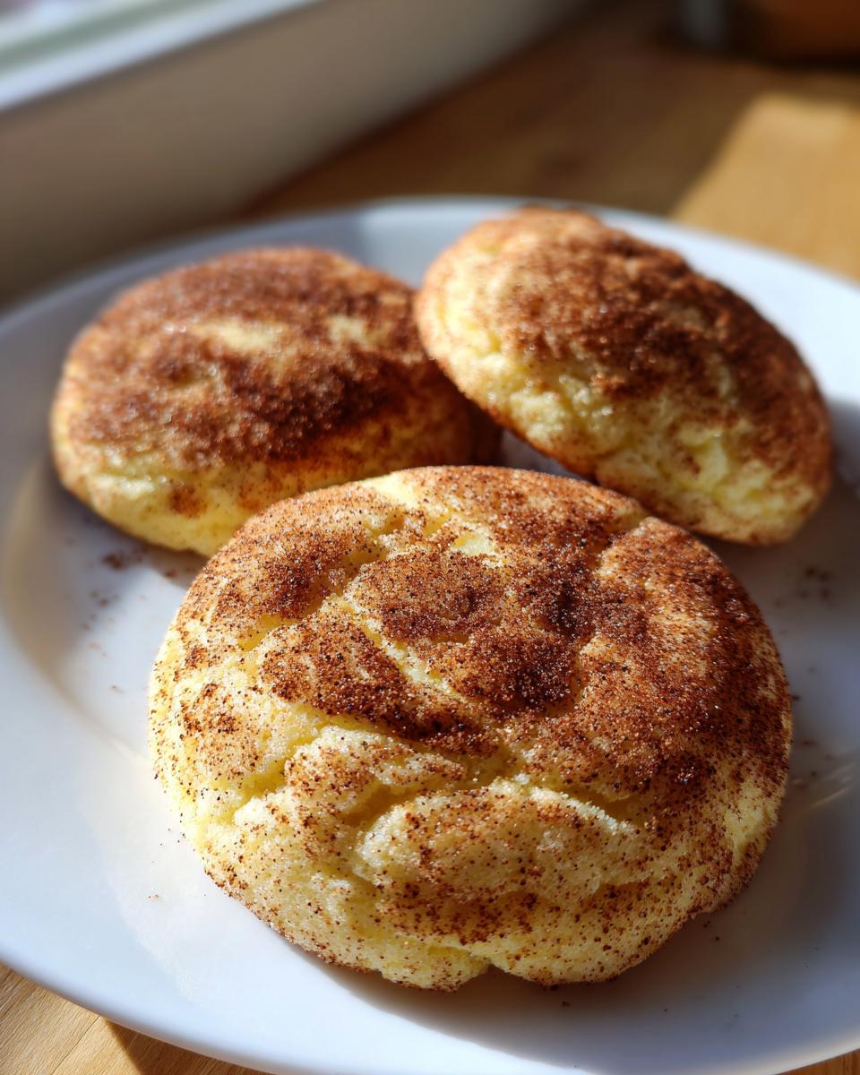 Three freshly baked snickerdoodles, generously coated in cinnamon sugar, resting on a white plate.