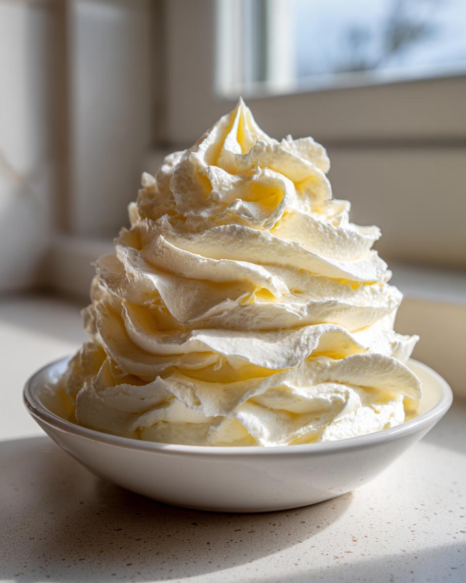 A tall swirl of perfectly piped, creamy vanilla buttercream frosting in a small white bowl.