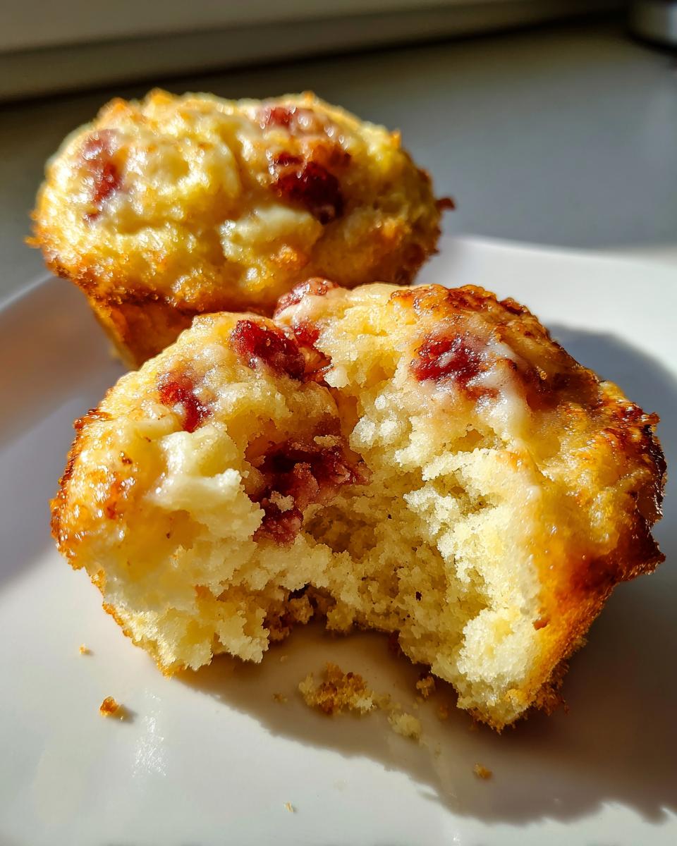 Close-up of two golden-brown pizza muffins, one of which has a bite taken out showing the soft interior and melted cheese.