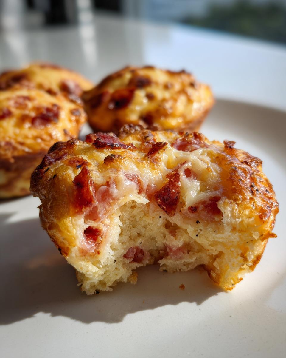 A close-up of a pizza muffin with a bite taken out, showing the fluffy interior and cheesy, pepperoni topping.