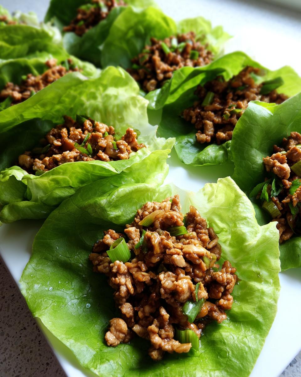 Close-up of several fresh chicken lettuce wraps filled with savory ground chicken mixture and green onions.