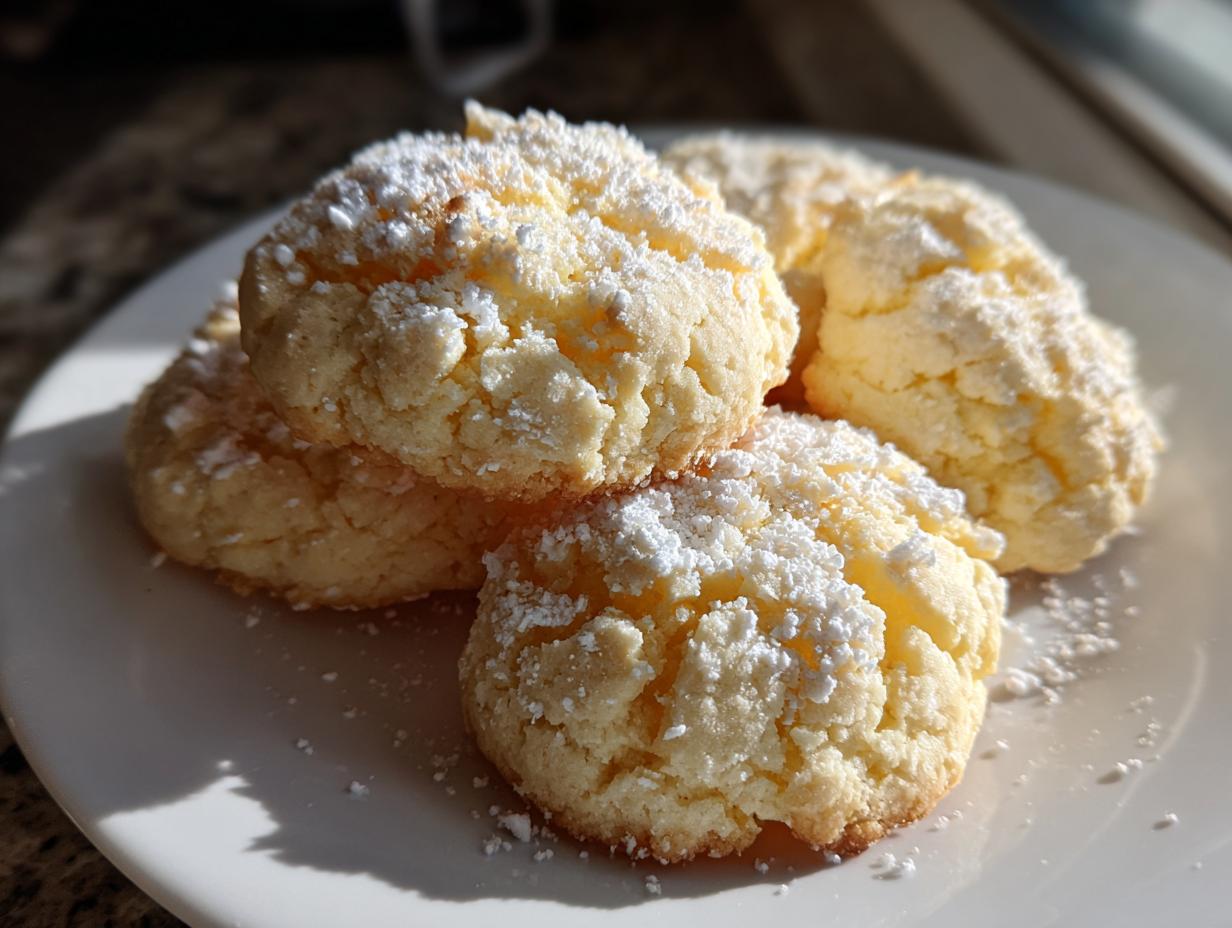 A stack of four soft, pale yellow butter cookie treats dusted heavily with powdered sugar.