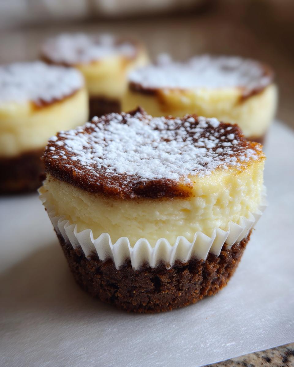 A close-up of one perfect mini cheesecake with a dark crust, creamy filling, and dusted with powdered sugar.