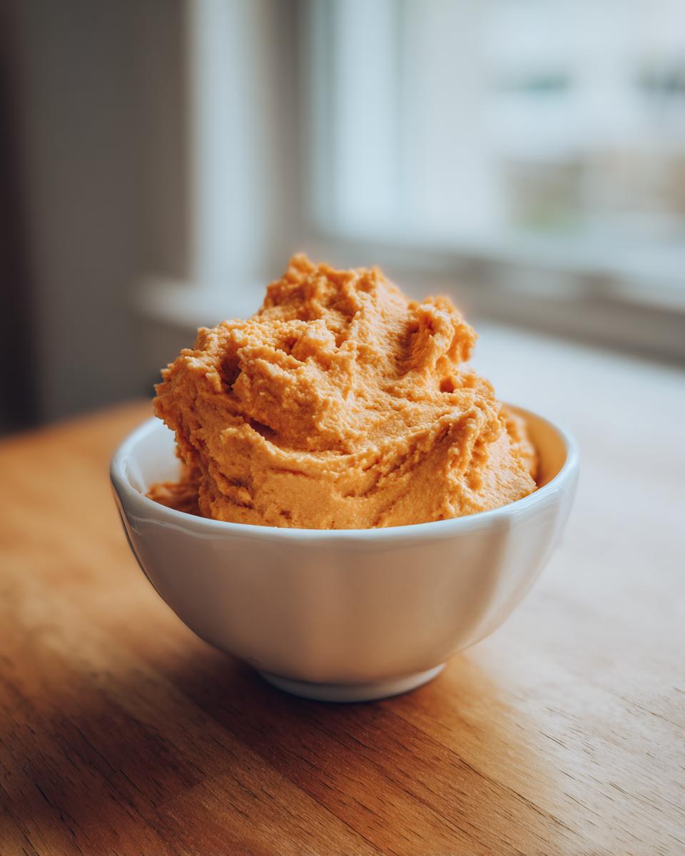 A serving of vibrant orange pumpkin fluff dessert mounded high in a small white bowl.