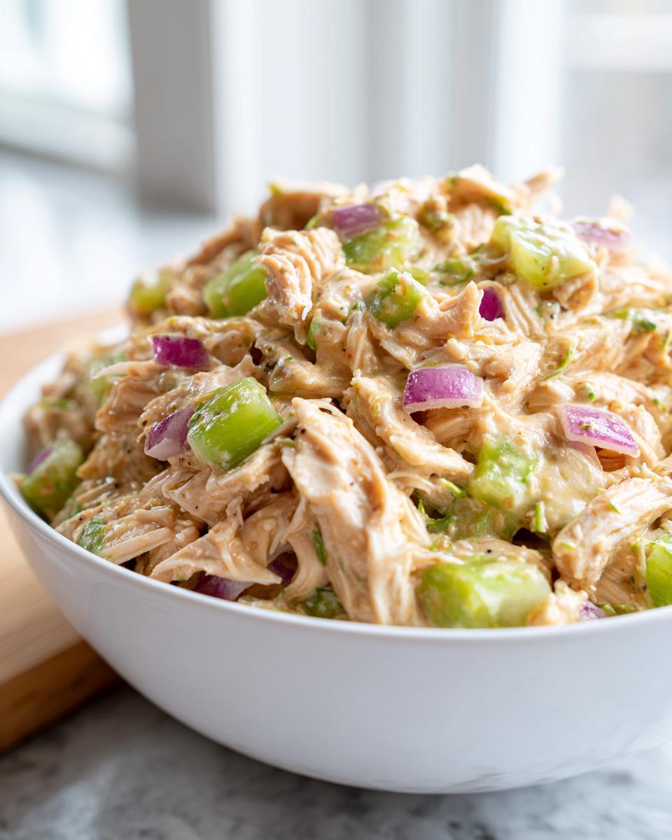Close-up of shredded chicken mixed with celery and red onion in a creamy honey mustard chicken salad.