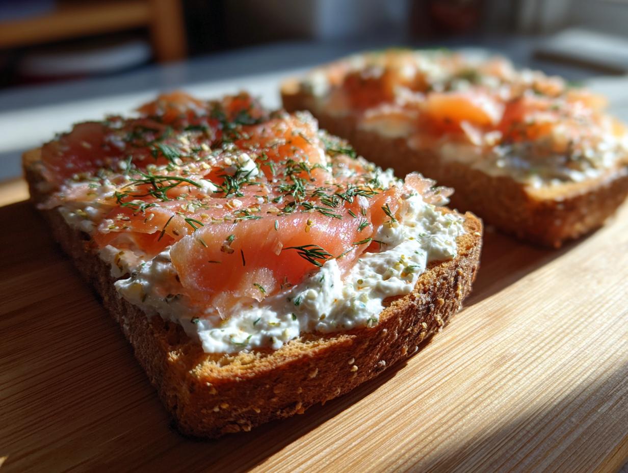 Close-up of toast topped with cream cheese, slices of smoked salmon, and fresh dill.