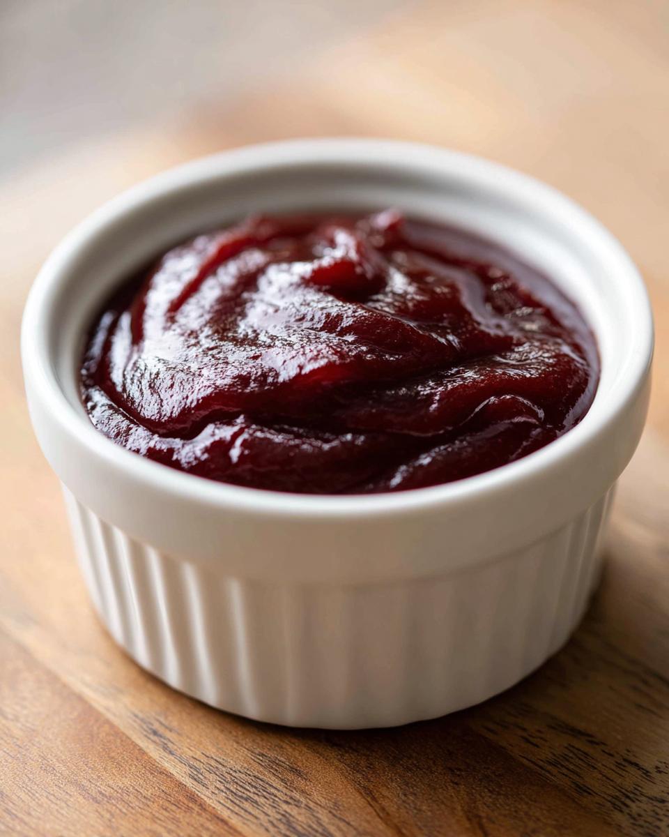 Close-up of thick, dark red homemade bbq sauce served in a small white ramekin on a wooden surface.