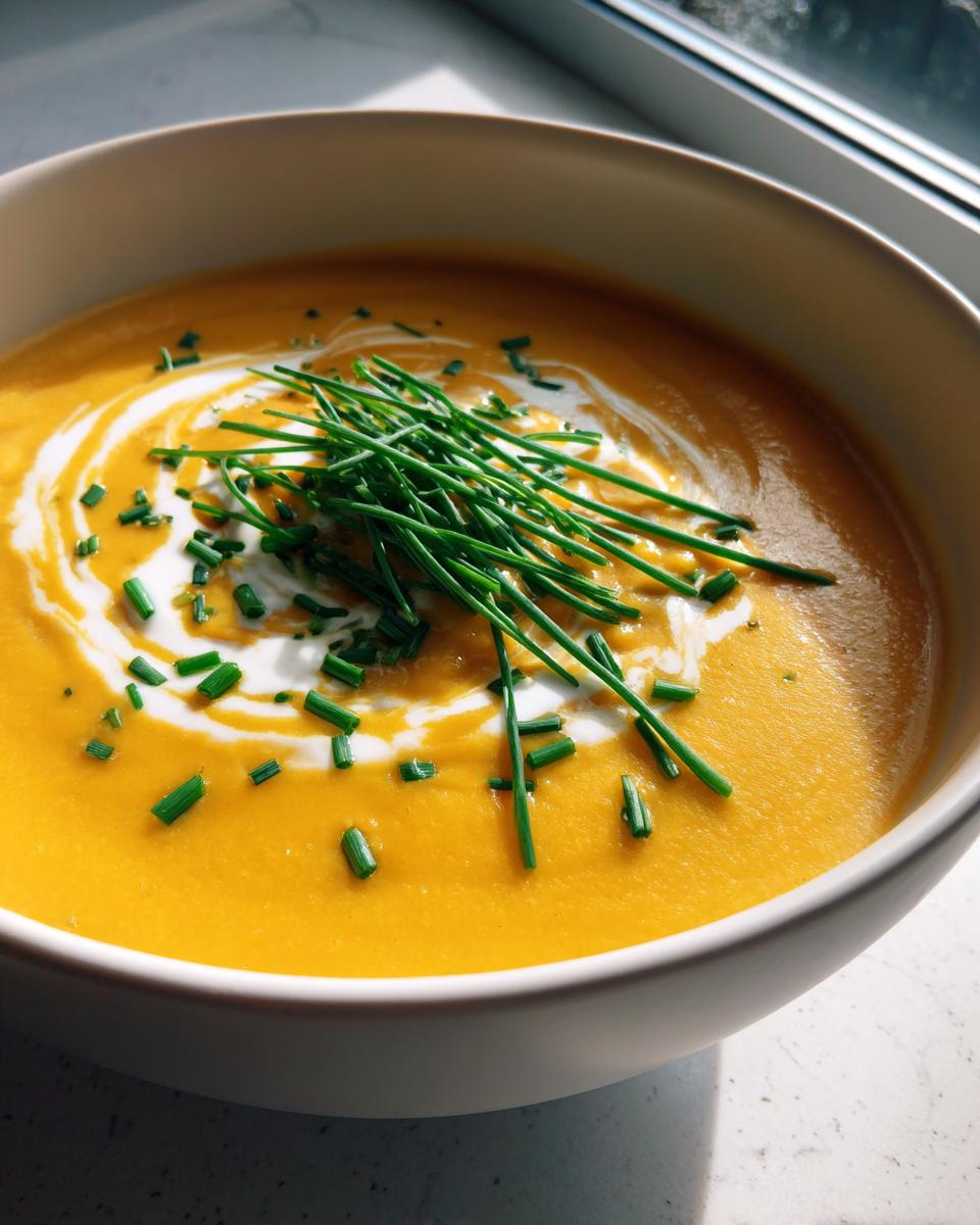 A close-up of a vibrant orange bowl of creamy cheese soup, topped with a swirl of cream and fresh chives.