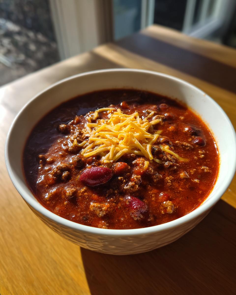 A close-up of a white bowl filled with rich, dark red crockpot chili, topped with shredded cheddar cheese.