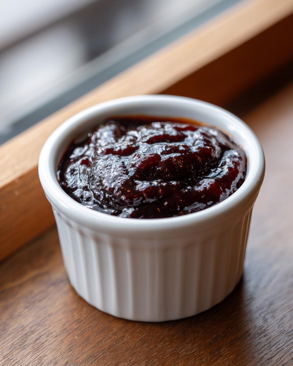 Close-up of thick, dark homemade bbq sauce served in a small white fluted ramekin.