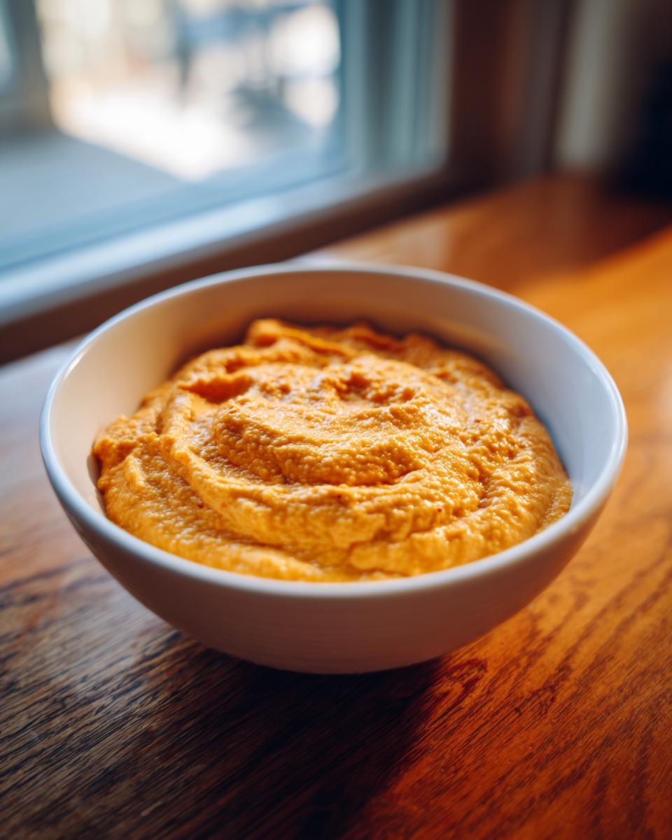A close-up of thick, vibrant orange beer cheese dip swirled in a white bowl on a wooden table.