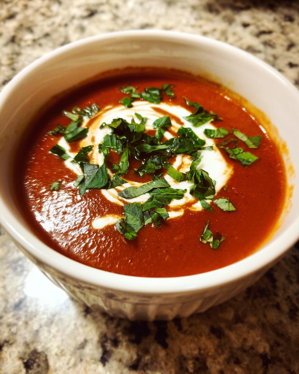 Close-up of a creamy, vibrant red tomato bisque garnished with a swirl of cream and fresh chopped basil.