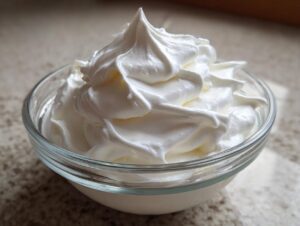 A clear glass bowl filled with stiff, bright white, glossy royal icing recipe mixture, ready for decorating.