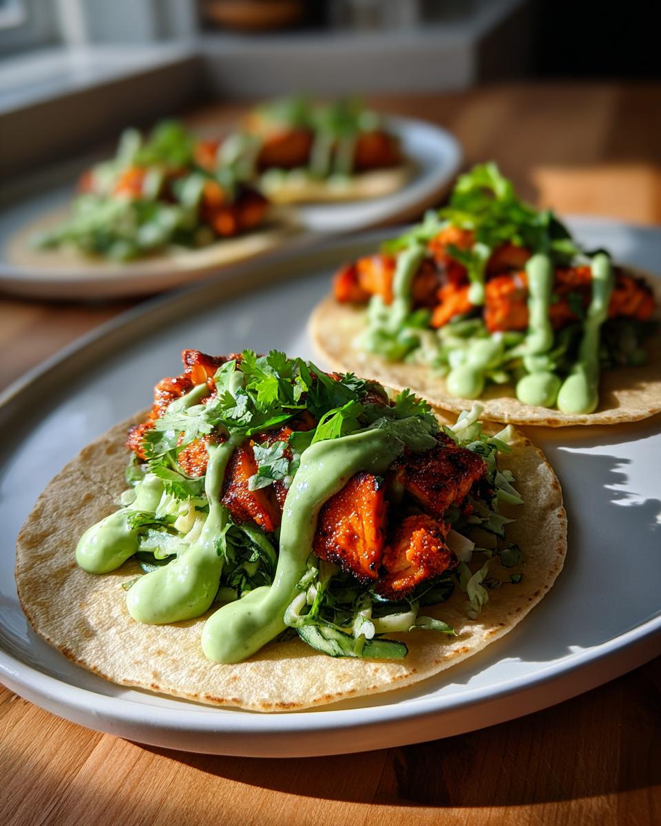 Close-up of a plate featuring delicious salmon tacos topped with green sauce and cilantro.