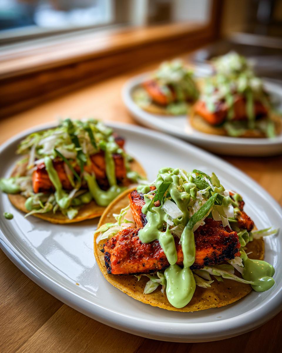 Close-up of two salmon tacos topped with shredded cabbage and a bright green creamy sauce.