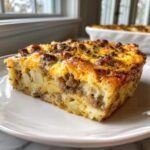 A hearty slice of christmas breakfast casserole with layers of potatoes, sausage, and melted cheddar cheese on a white plate.