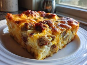 A thick, golden slice of savory christmas breakfast casserole with sausage and cheese on a white plate.