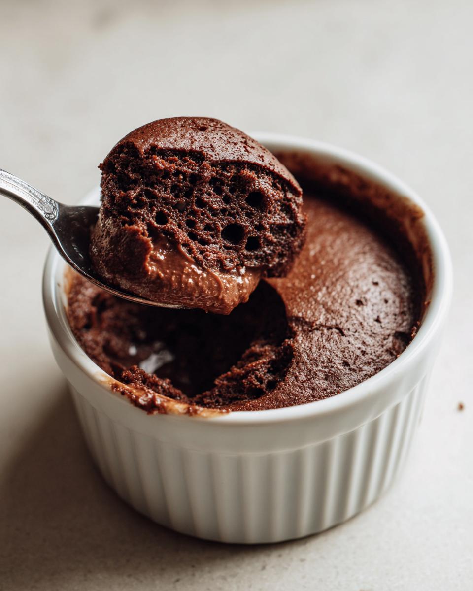 A spoonful of airy, dark chocolate mousse being lifted from a white ramekin.